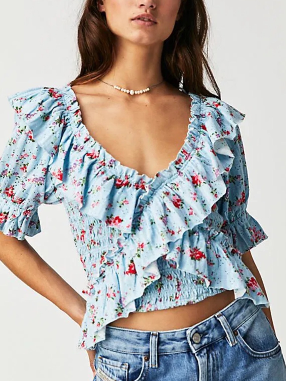 Free People Blue Floral Ruffle Crop Blouse